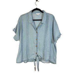 Demin Chambray Button Up Tie Front Ruffle Sleeve shirt XXL